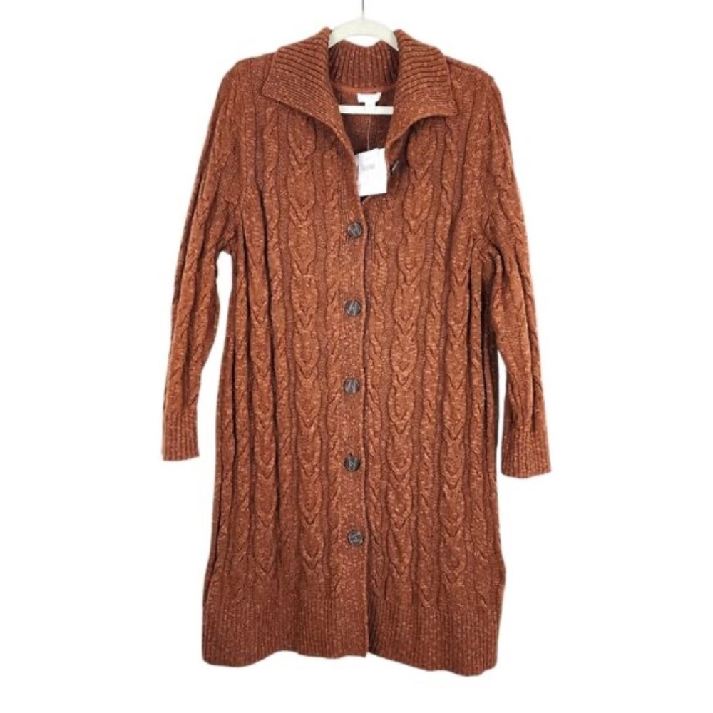 J. Jill Cable Knit Button-Up Long Cardigan - Rust Brown